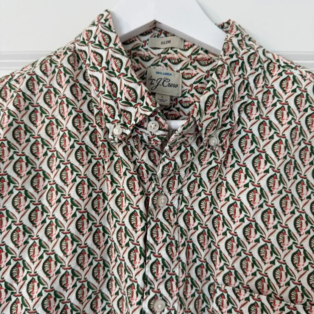 J.Crew Men's Linen Button Up Shirt Short Sleeve Casual Summer Slim Fit Size L